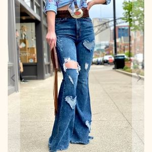 GJG Denim XOXO Flare Dark Bue Stone Washed Heart Jeans Juniors Sz. 11 Women's 28